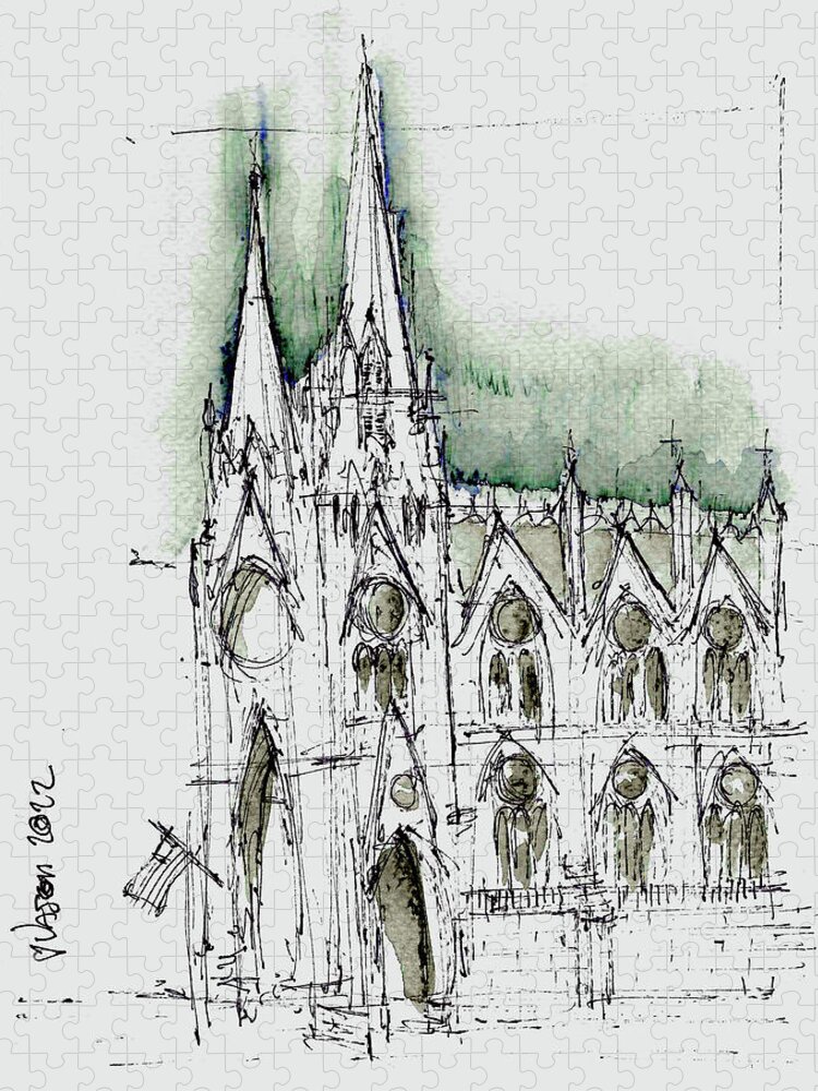 Ink Jigsaw Puzzle featuring the drawing St. Patrick's Cathedral by Jason Nicholas