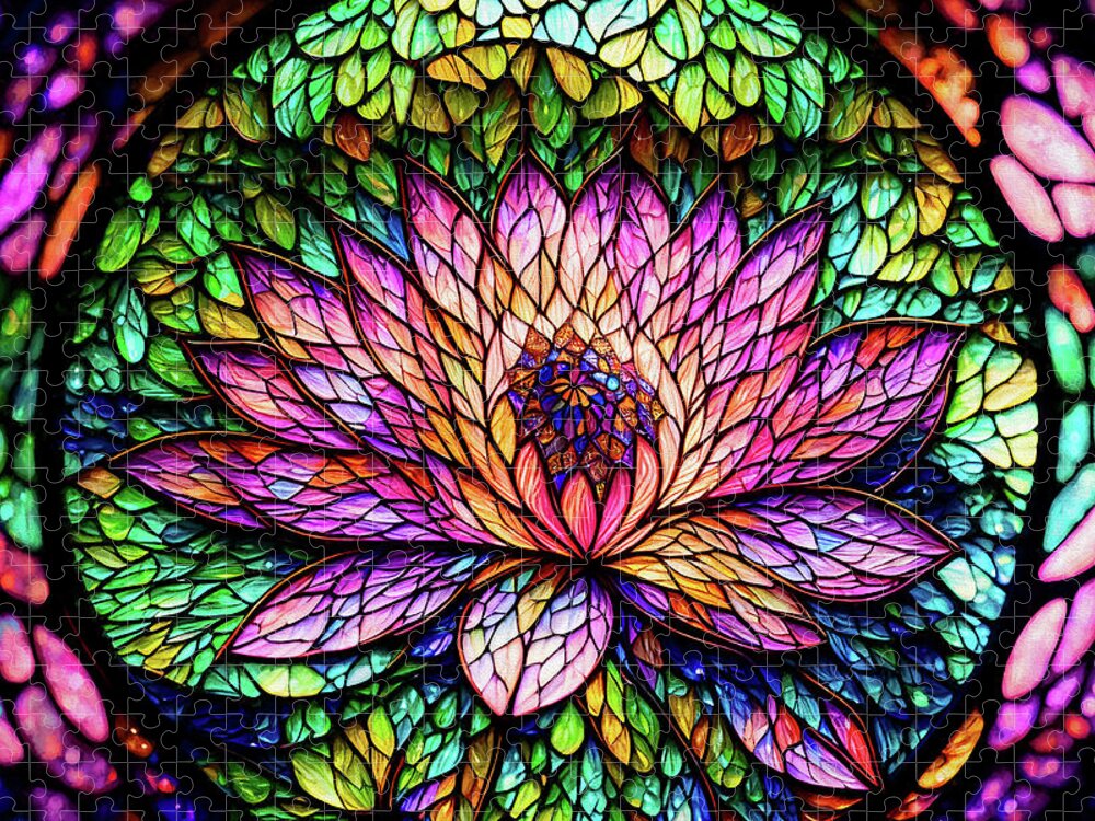 Lotus Jigsaw Puzzle featuring the digital art Stained Glass Lotus by Peggy Collins