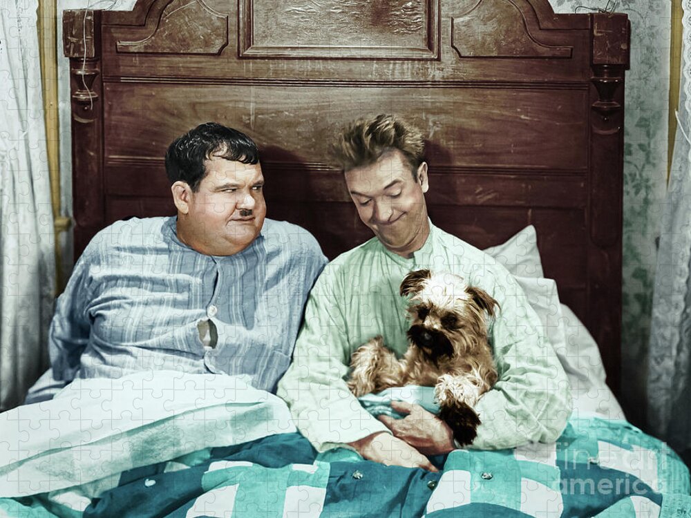 Stan Jigsaw Puzzle featuring the digital art Stan and Ollie with their Puppy by Franchi Torres