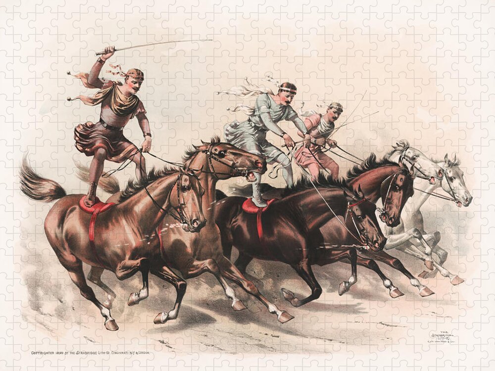 Standing Horseback Riders Jigsaw Puzzle featuring the painting Standing Horseback Riders Chromolithograph - Circa 1890 by War Is Hell Store