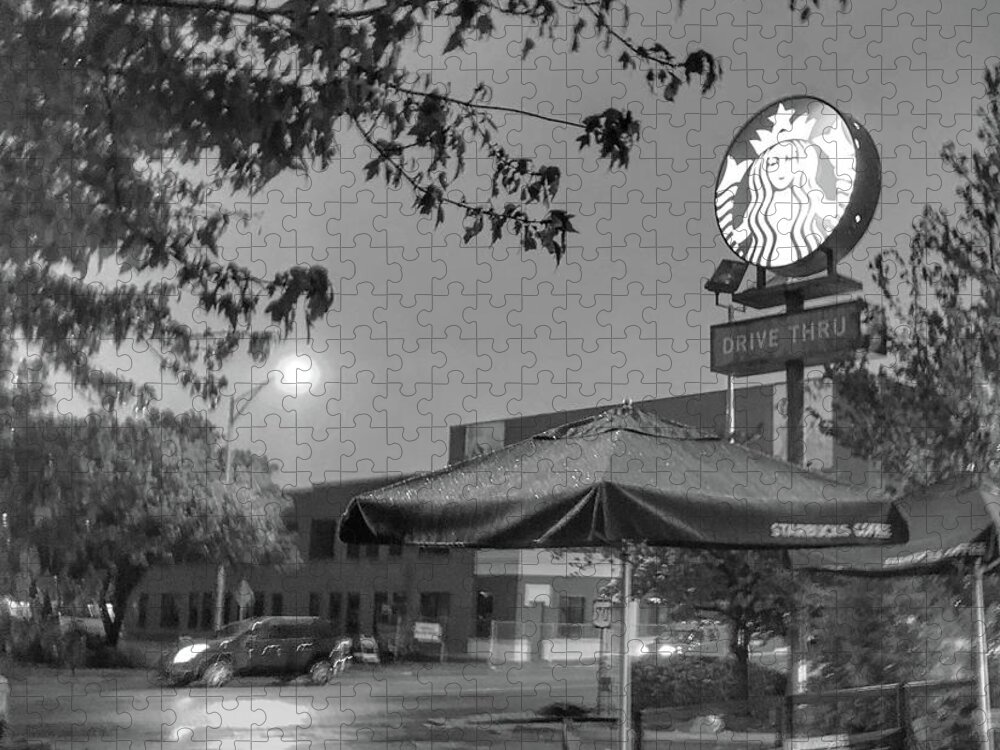 Landscape Jigsaw Puzzle featuring the photograph Starbucks on a Rainy Fall Day by Michael Dean Shelton