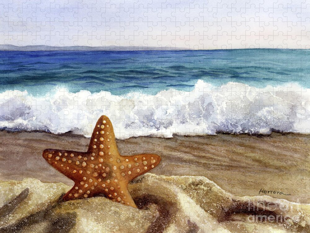Starfish Jigsaw Puzzle featuring the painting Starfish and Sea Wave by Hailey E Herrera