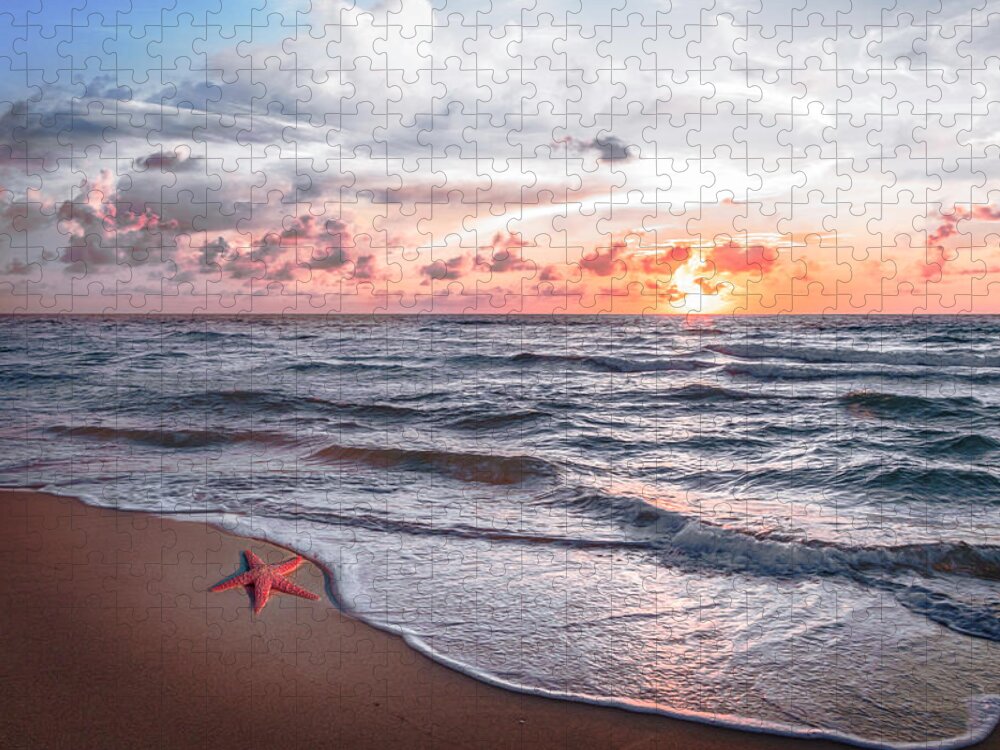 Animals Jigsaw Puzzle featuring the photograph Starfish Treasure in Soft Beach Tones by Debra and Dave Vanderlaan