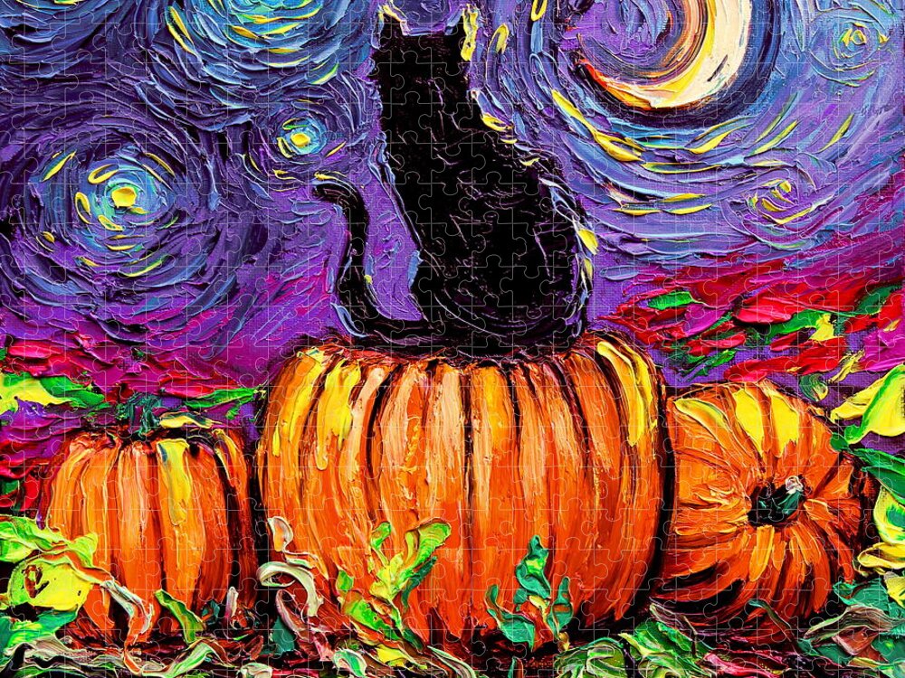 Cat Jigsaw Puzzle featuring the painting Starry Hallow's Eve by Aja Trier