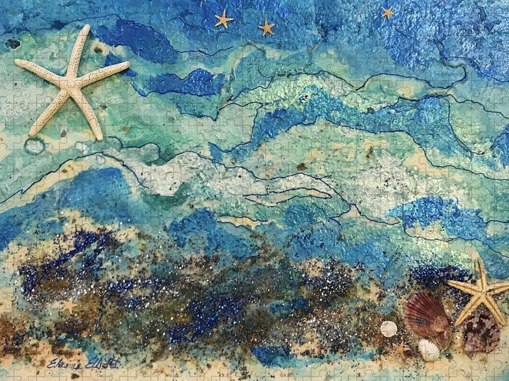 Seascape Jigsaw Puzzle featuring the painting Starry Starfish Night by Elaine Elliott