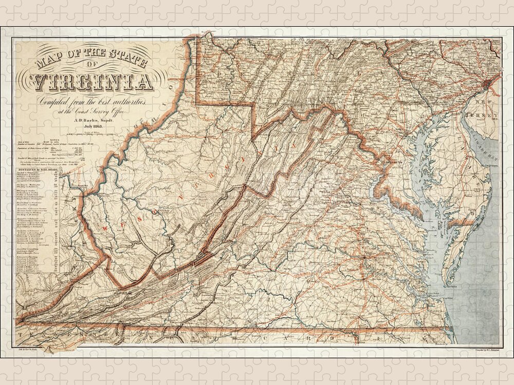 Virginia Jigsaw Puzzle featuring the photograph State of Virginia Vintage Map 1863 by Carol Japp