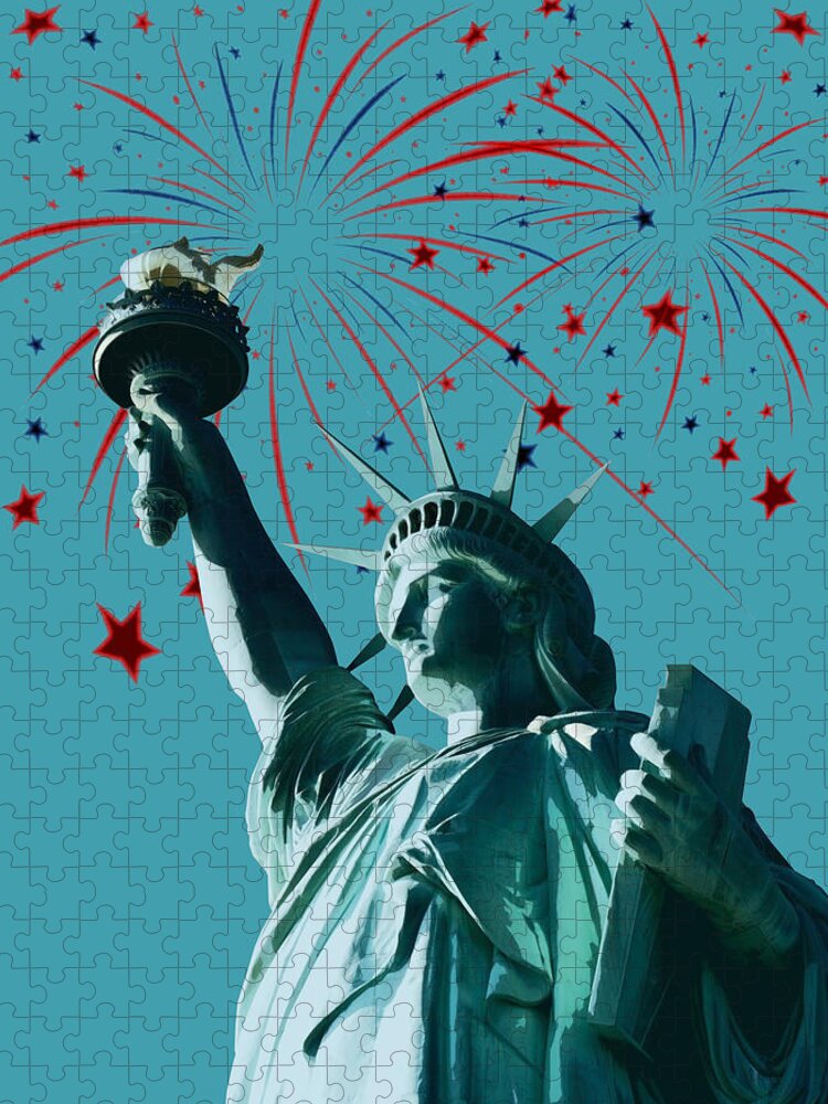 Statue Of Liberty Jigsaw Puzzle featuring the mixed media Statue of Liberty by Judy Cuddehe