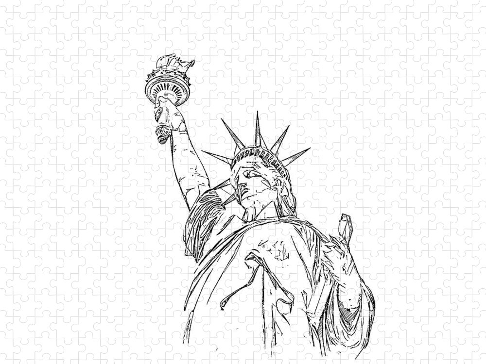Architecture Jigsaw Puzzle featuring the digital art Statue of Liberty pencil sketch isolated on white background by Maria Kray
