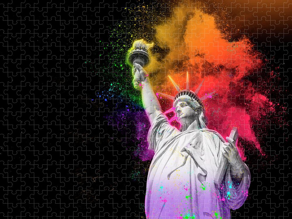 Statue Of Liberty Jigsaw Puzzle featuring the digital art Statue of Liberty with colorful rainbow holi paint powder explosion isolated on black background by Maria Kray