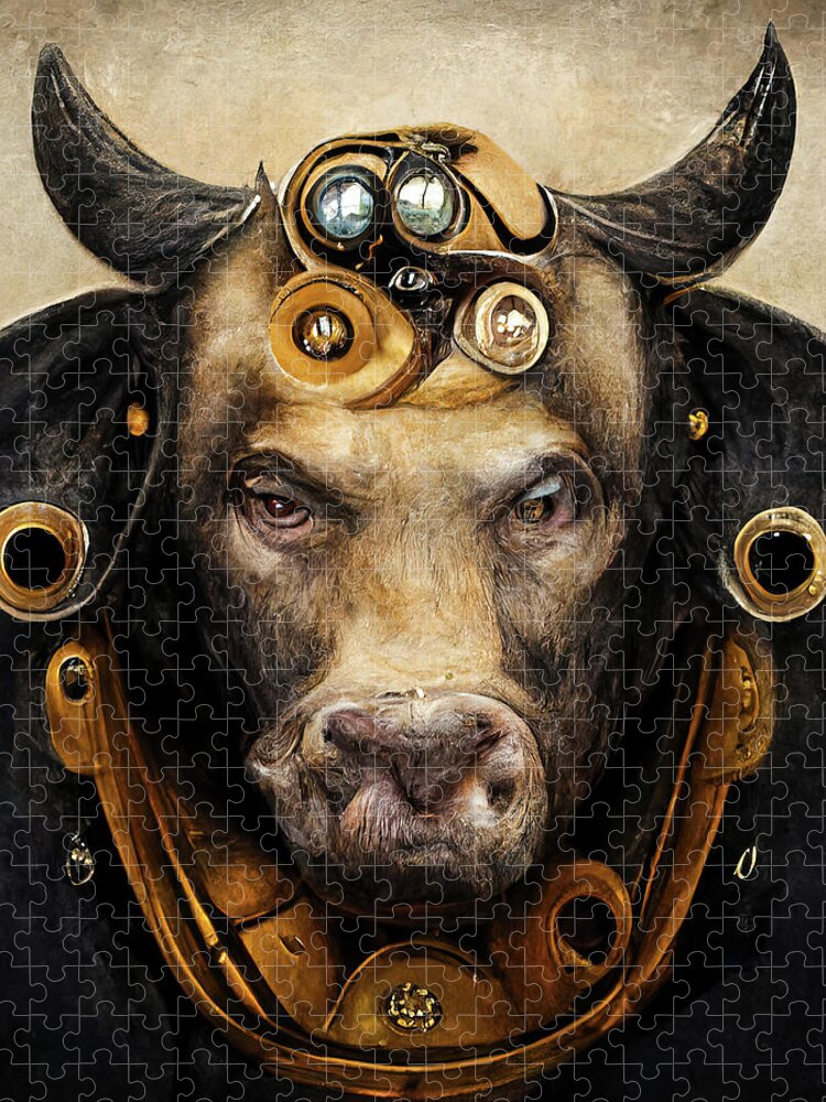 Bull Jigsaw Puzzle featuring the digital art Steampunk Animal 08 Bull Portrait by Matthias Hauser