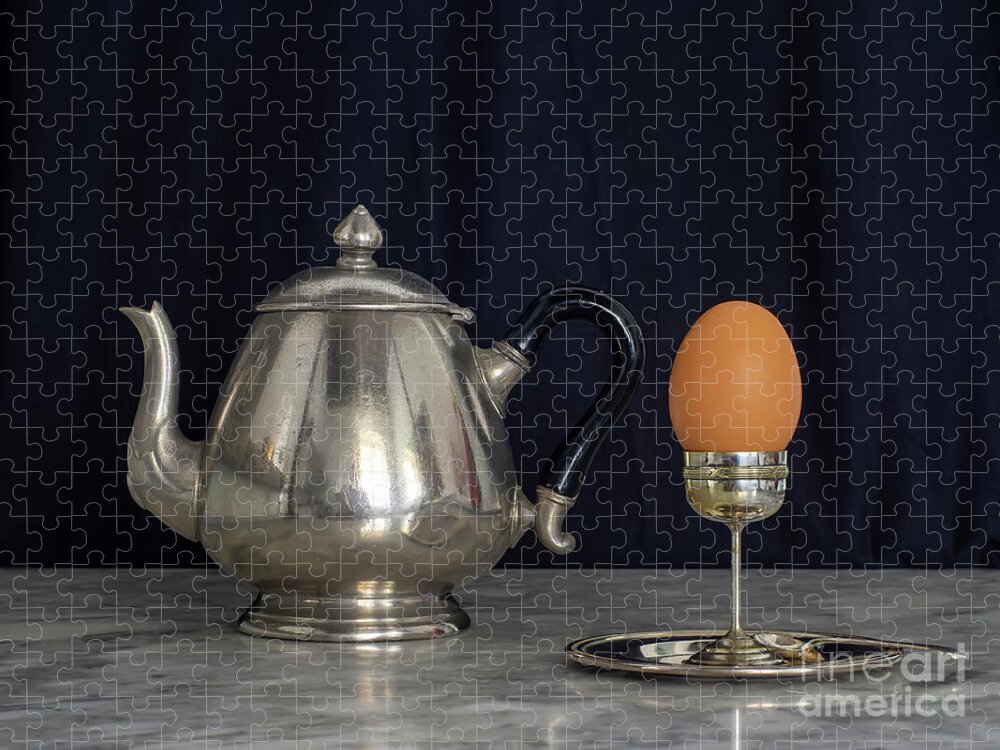 Patina Jigsaw Puzzle featuring the photograph Sterling Silver Eggcup and Teapot Black Background Still Life by Pablo Avanzini