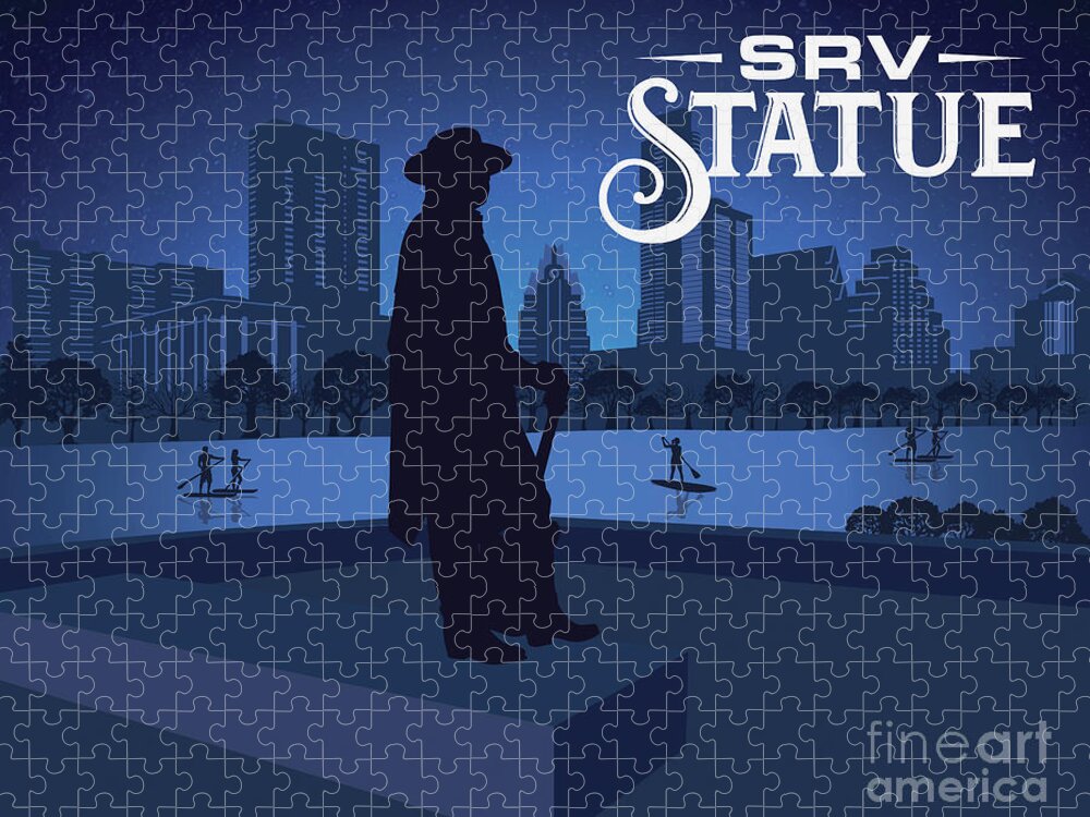 Stevie Ray Vaughan Memorial Statue In Silhouette Jigsaw Puzzle featuring the painting Stevie Ray Vaughan Memorial is a bronze sculpture of SRV on the outer banks of Lake Bird Lake by Dan Herron