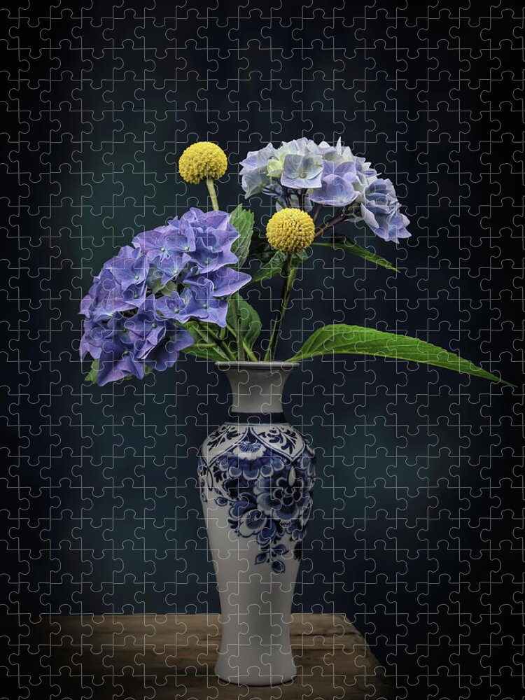 Still Life Jigsaw Puzzle featuring the digital art Still life blue and yellow by Marjolein Van Middelkoop
