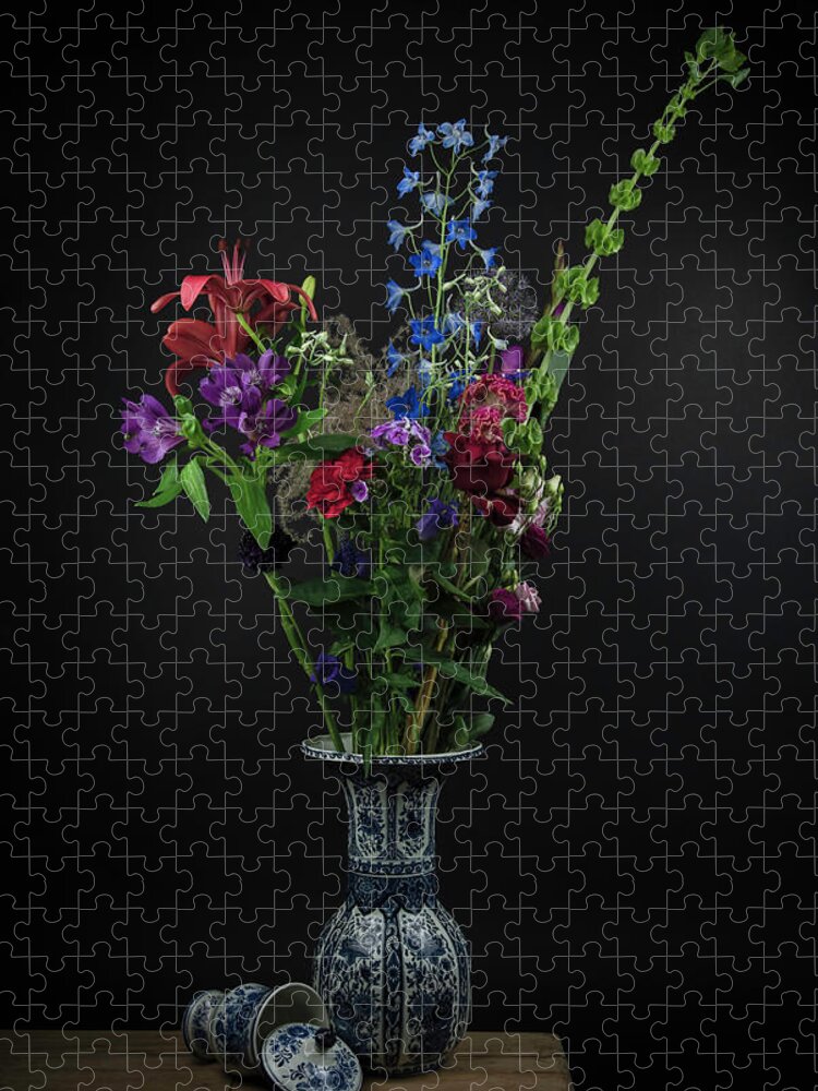 Still Life Jigsaw Puzzle featuring the digital art Still life Delft blue flowers in a vase by Marjolein Van Middelkoop