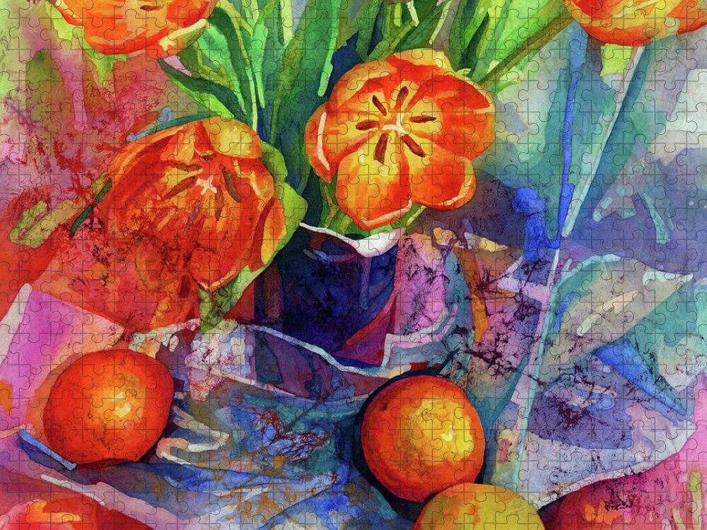 Tulip Jigsaw Puzzle featuring the painting Still Life in Orange - Blue Vase by Hailey E Herrera
