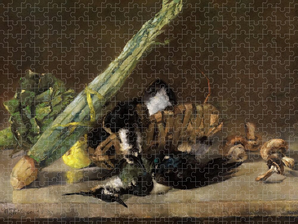 Wilhelm Trubner Jigsaw Puzzle featuring the painting Still life with Artichoke, Celery, Lapwings and Mushrooms by Wilhelm Trubner