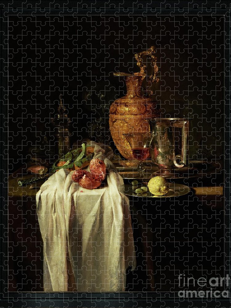 Still Life Jigsaw Puzzle featuring the painting Still Life with Ewer Vessels and Pomegranate by Willem Kalf by Rolando Burbon