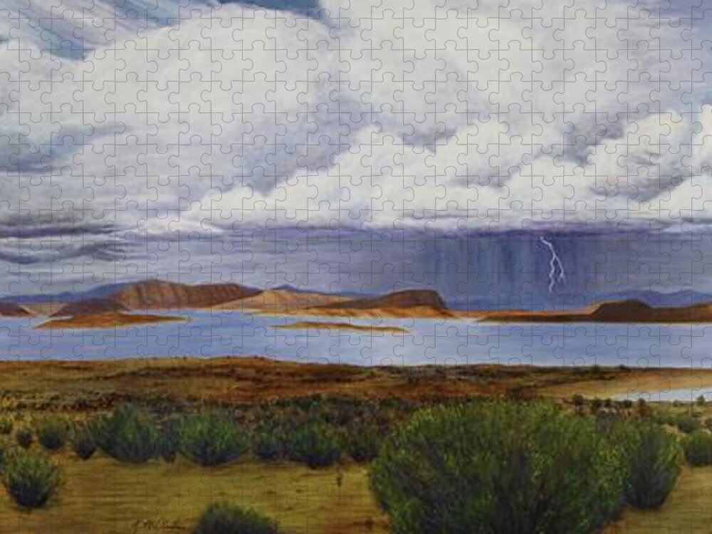 Kim Mcclinton Jigsaw Puzzle featuring the painting Storm at Lake Powell- panorama by Kim McClinton