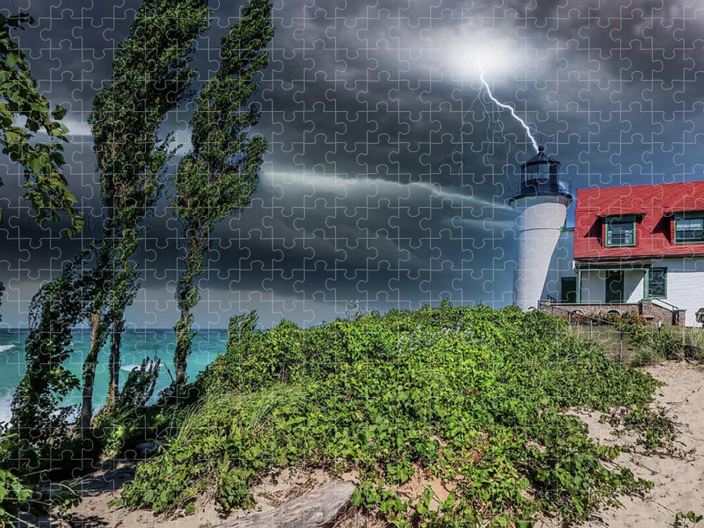 Northernmichigan Jigsaw Puzzle featuring the photograph Storm at Point Betsie Lighthouse IMG_2623 by Michael Thomas