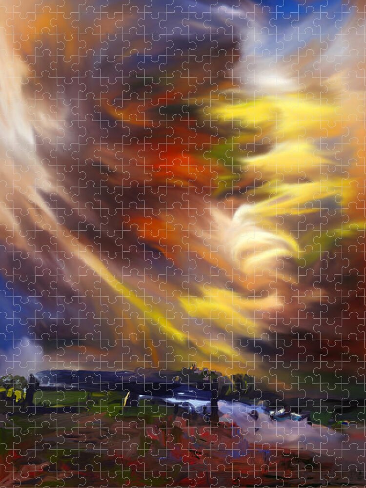 Stormy Skies Jigsaw Puzzle featuring the mixed media Stormy Skies over Maythorne by Ann Leech
