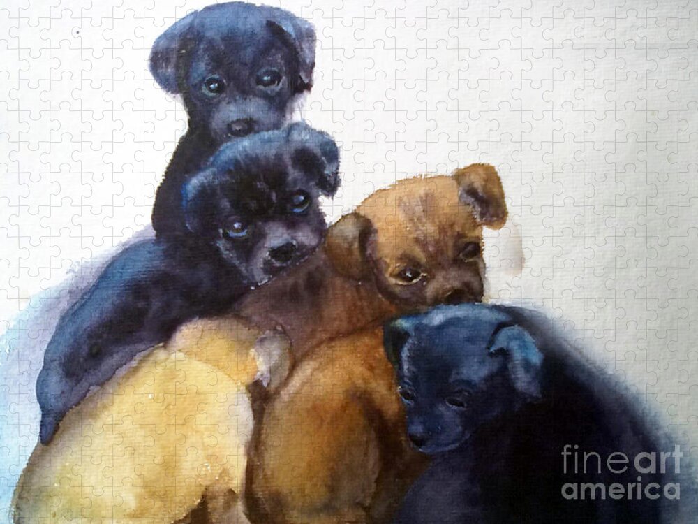 Puppies Jigsaw Puzzle featuring the painting Stray puppies by Asha Sudhaker Shenoy