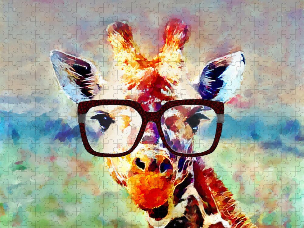 Giraffe Jigsaw Puzzle featuring the mixed media Studious Giraffe by Sandi OReilly