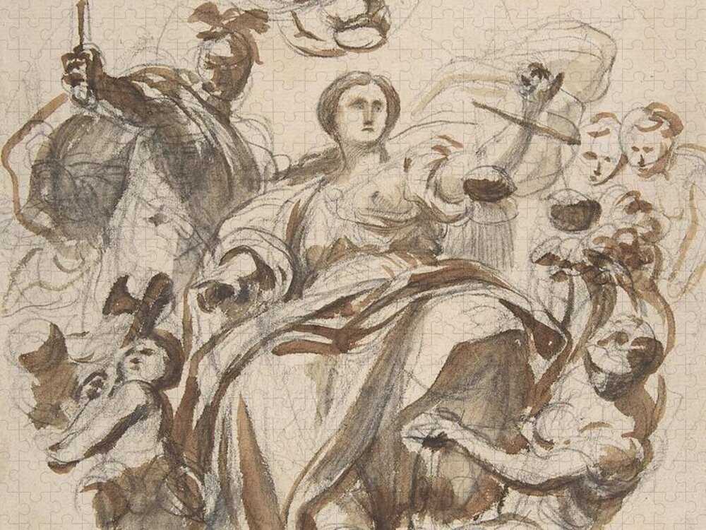  Jigsaw Puzzle featuring the drawing Study of Justice Dispensing Rewards to the Arts by Lorenzo De Ferrari Italian
