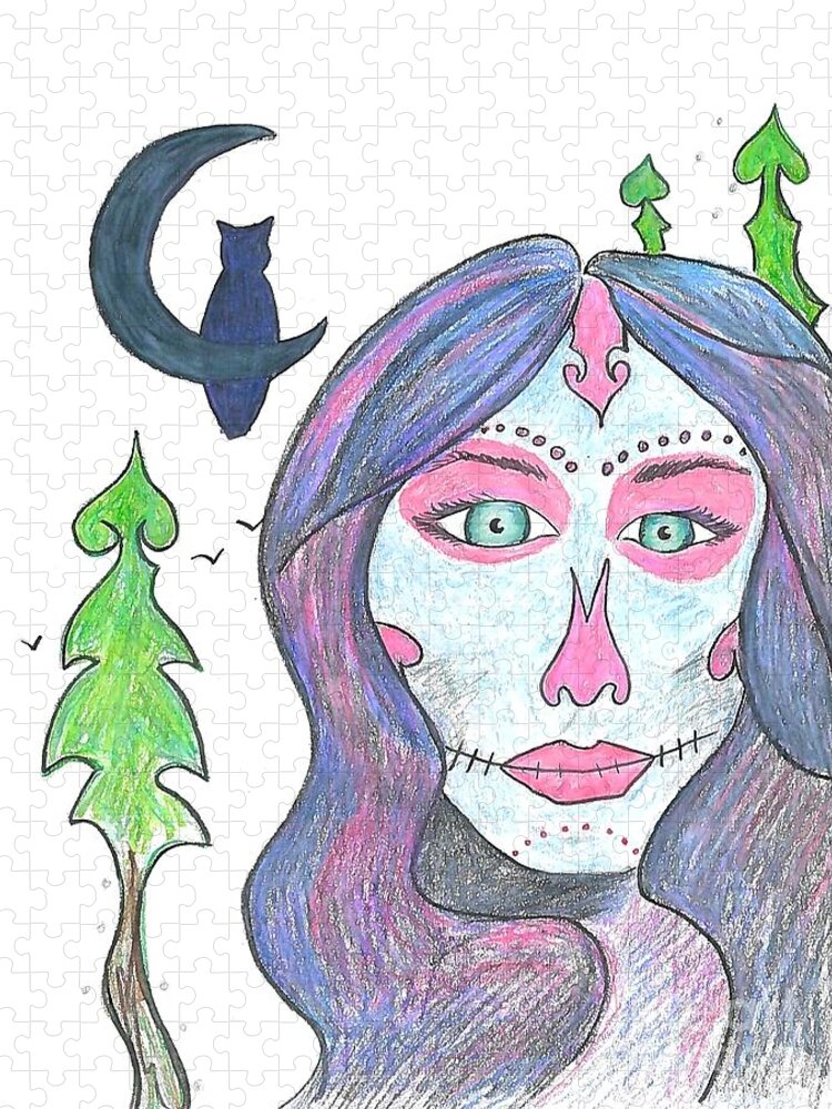 Zombie Woman Jigsaw Puzzle featuring the drawing Sugar Skull and Owl Moon by Expressions By Stephanie