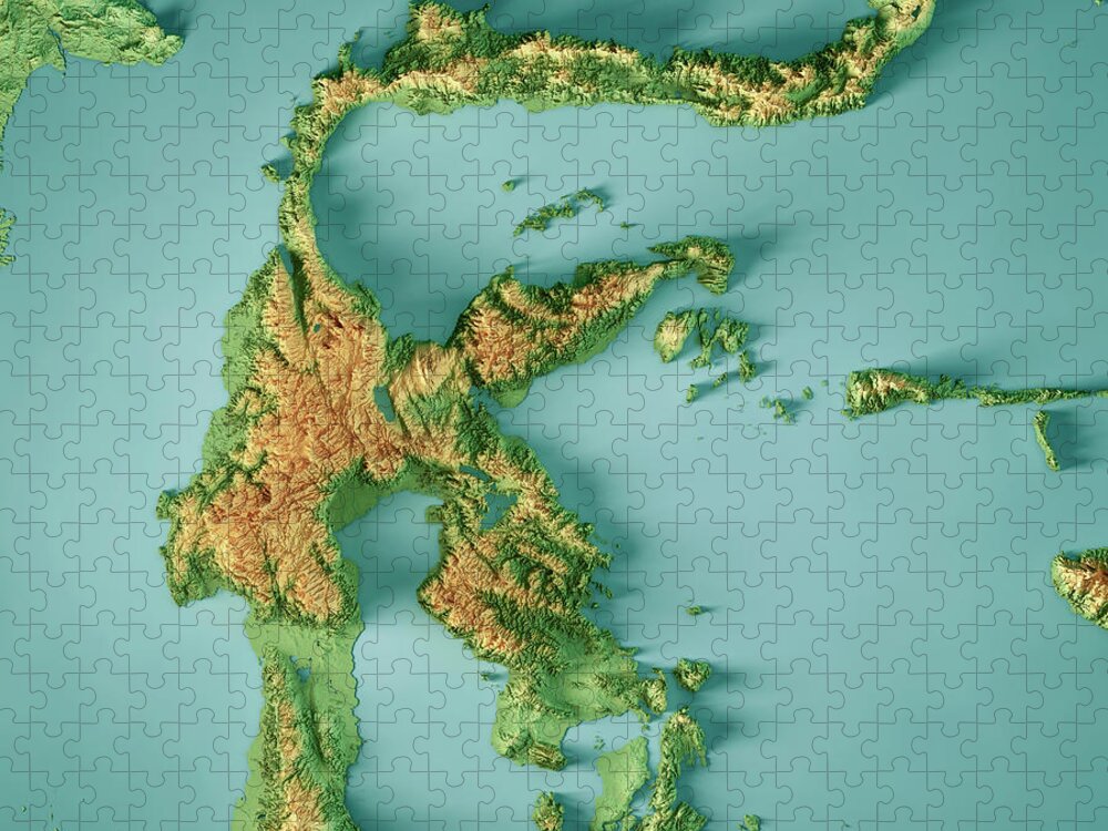 Sulawesi Jigsaw Puzzle featuring the digital art Sulawesi Island 3D Render Topographic Map Color by Frank Ramspott