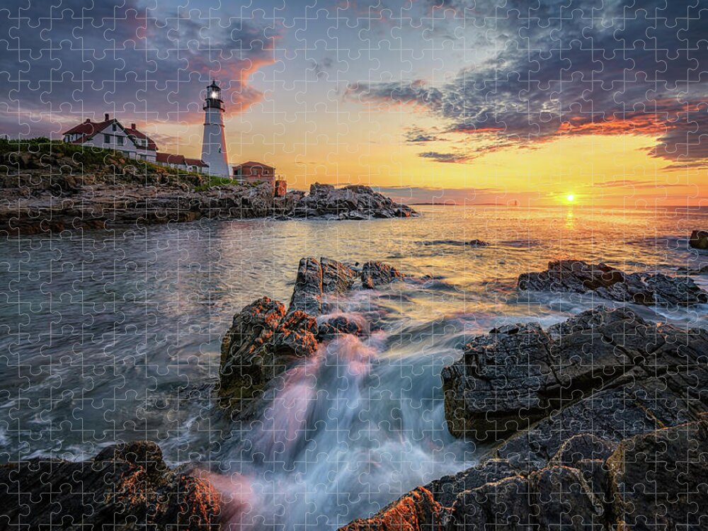 Portland Head Lighthouse Jigsaw Puzzle featuring the photograph Summer Dawn at Portland Head Light by Kristen Wilkinson