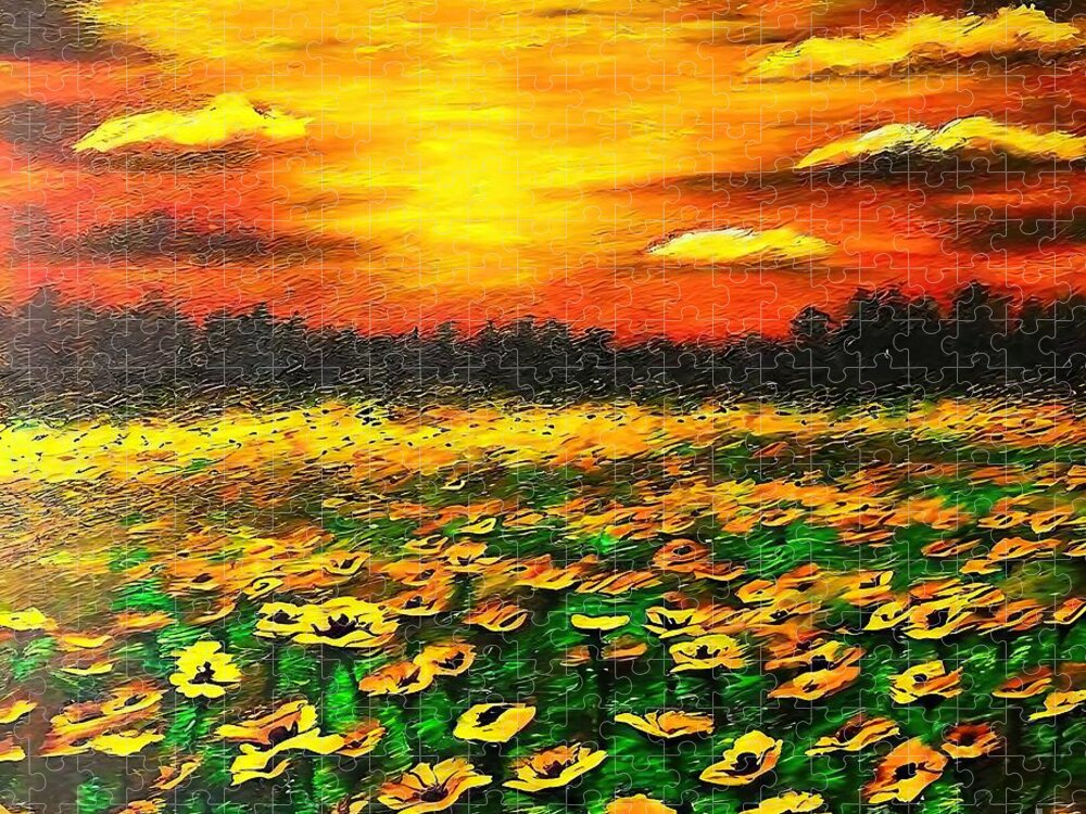 Perspective Jigsaw Puzzle featuring the painting SUMMER PASSION Painting perspective sky summertime sunflowers sunsets fields floral flowers background beautiful beauty bloom blossom color field garden grass green illustration landscape meadow by N Akkash