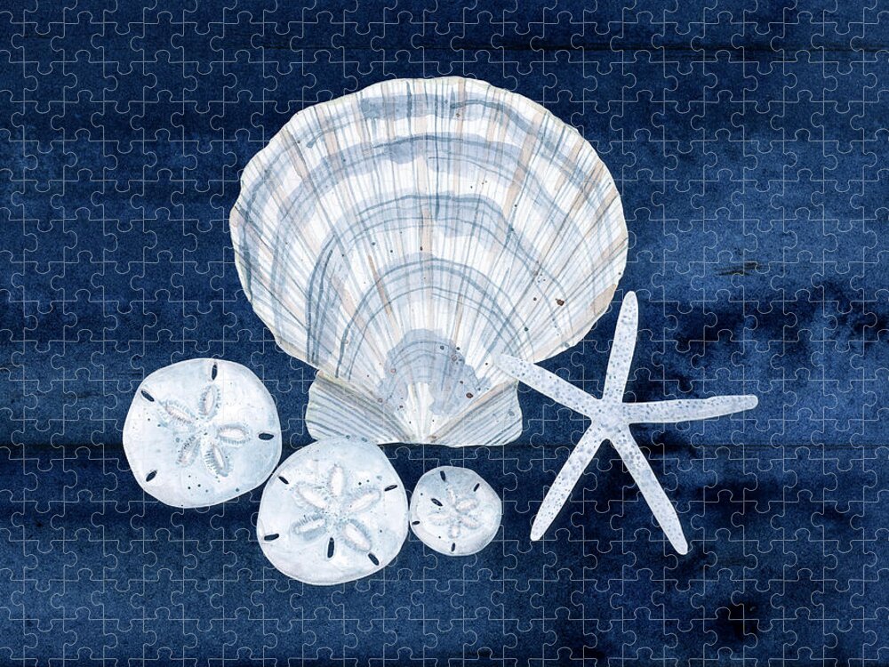 Summer Seas Jigsaw Puzzle featuring the painting Summer Seas 7 Scallop Shell Sand Dollars and Starfish Navy and White by Audrey Jeanne Roberts