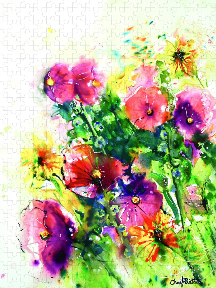 Hollyhocks Jigsaw Puzzle featuring the painting Summer With The Hollyhocks by Cheryl Prather