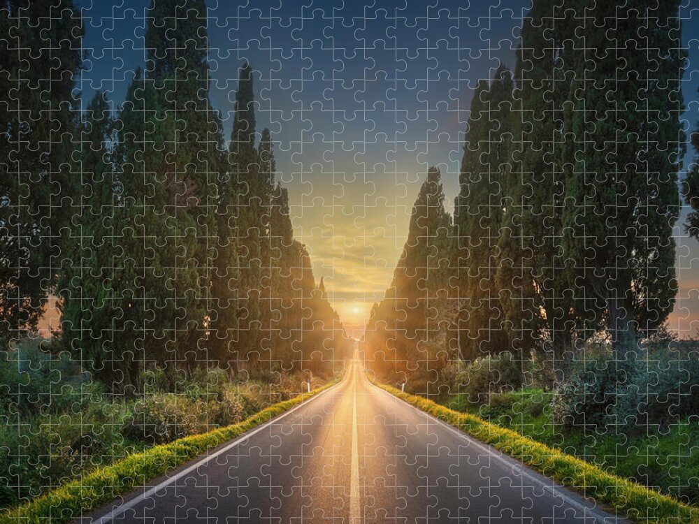 Bolgheri Jigsaw Puzzle featuring the photograph Sun in the Middle in Bolgheri Boulevard by Stefano Orazzini