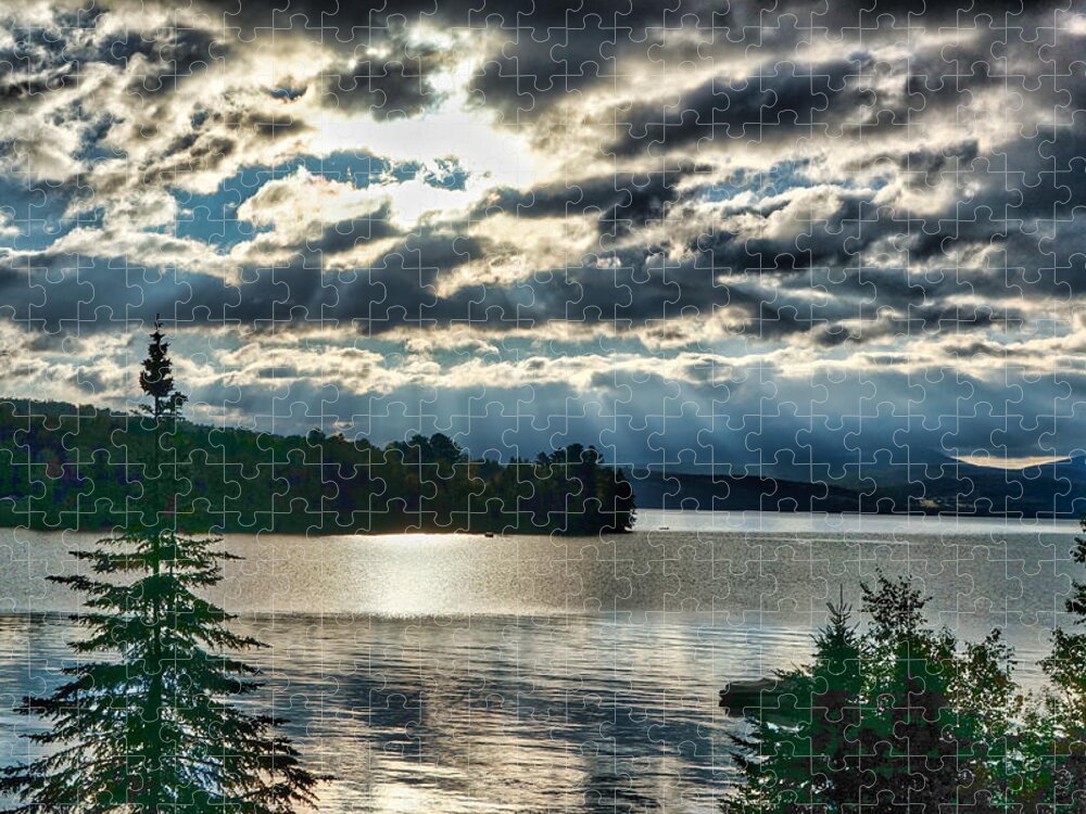 Sun Jigsaw Puzzle featuring the photograph Sun Rays and Storm Clouds Over Rangeley Maine by Russel Considine