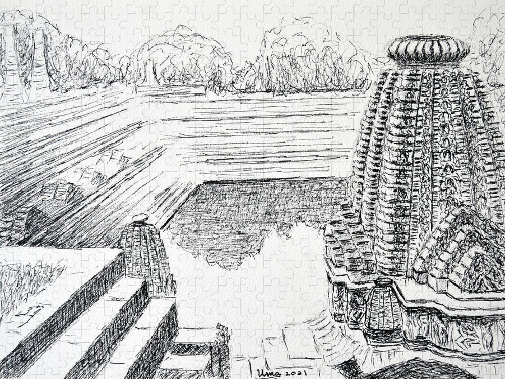 Sun Temple Jigsaw Puzzle featuring the drawing Sun Temple, Modhera, India 1 by Uma Krishnamoorthy
