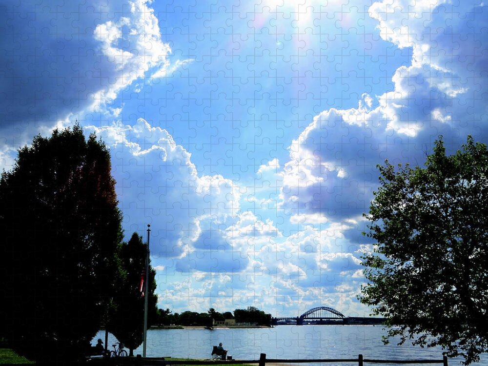 Clouds Jigsaw Puzzle featuring the photograph Sunburst Over the Delaware River in Riverton, New Jersey by Linda Stern