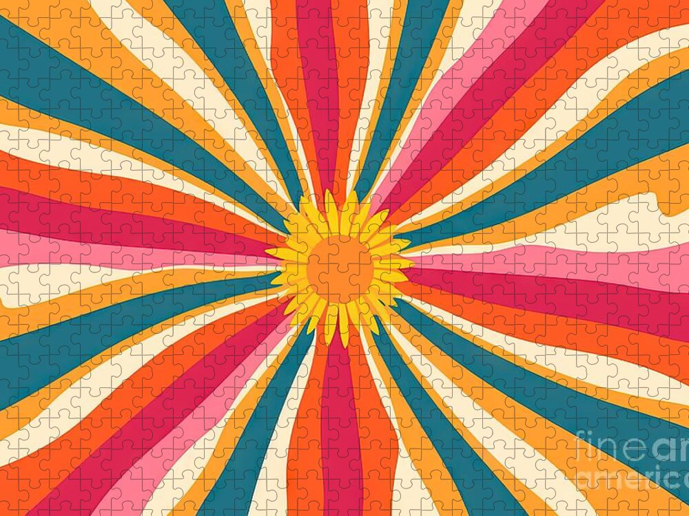 Sun Jigsaw Puzzle featuring the painting Sunburst Retro Vibes Graphic Print Groovy Background 60s 70s by N Akkash
