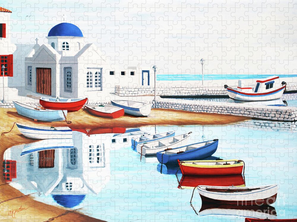 Mykonos Jigsaw Puzzle featuring the painting SUNDAY, MORNING, MYKONOS BAY - Prints of Oil Painting by Mary Grden