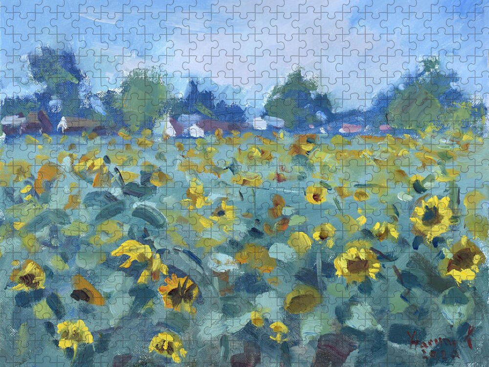 Sunflower Farm Jigsaw Puzzle featuring the painting Sunflower Farm Farm by Ylli Haruni