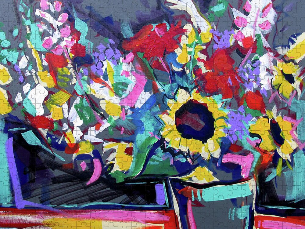 Sunflower Vase Jigsaw Puzzle featuring the painting Sunflower Vase by John Gholson