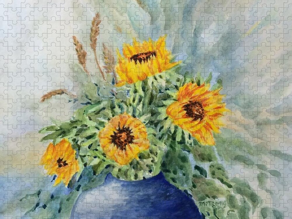 Sunflowers Jigsaw Puzzle featuring the painting Sunflowers in blue vase by Milly Tseng