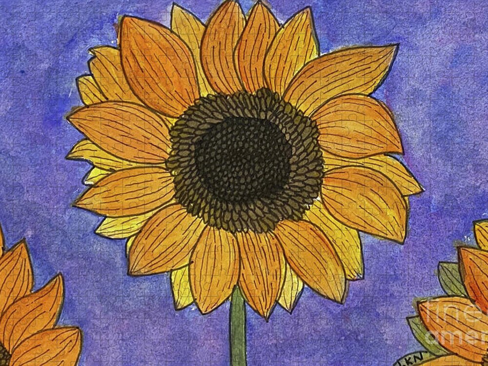 Sunflowers Jigsaw Puzzle featuring the mixed media Sunflowers on Blue by Lisa Neuman