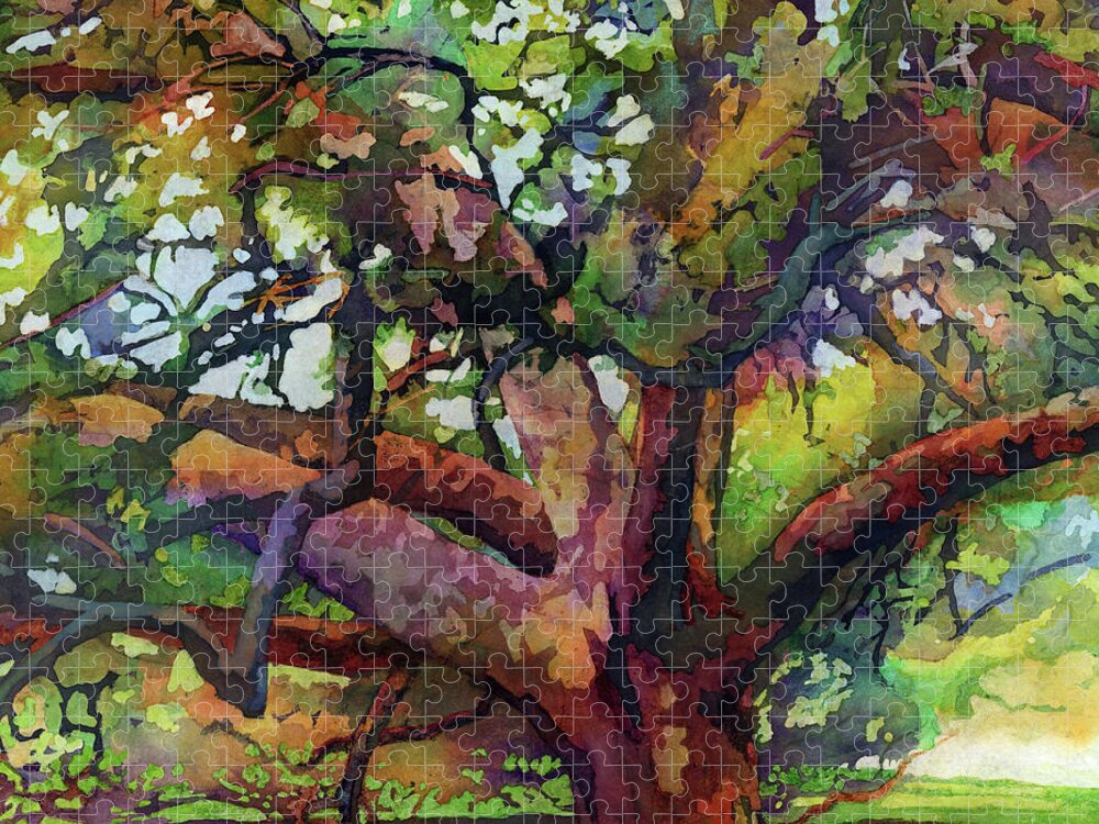 Oak Jigsaw Puzzle featuring the painting Sunlit Century Tree - 100 Years Old Oak by Hailey E Herrera