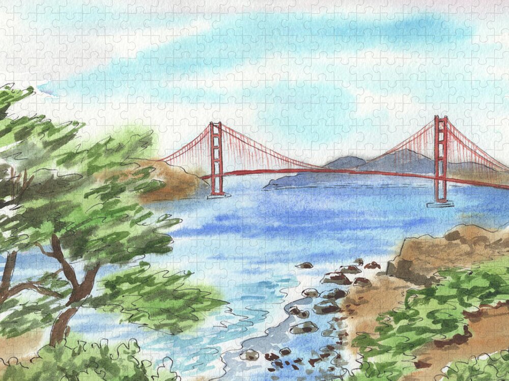 Golden Gate Jigsaw Puzzle featuring the painting Sunny Day In San Francisco Bay Golden Gate Bridge Watercolor by Irina Sztukowski