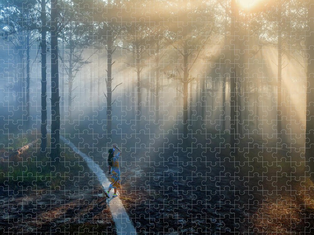 Awesome Jigsaw Puzzle featuring the photograph Sunrays in the pine forest by Khanh Bui Phu