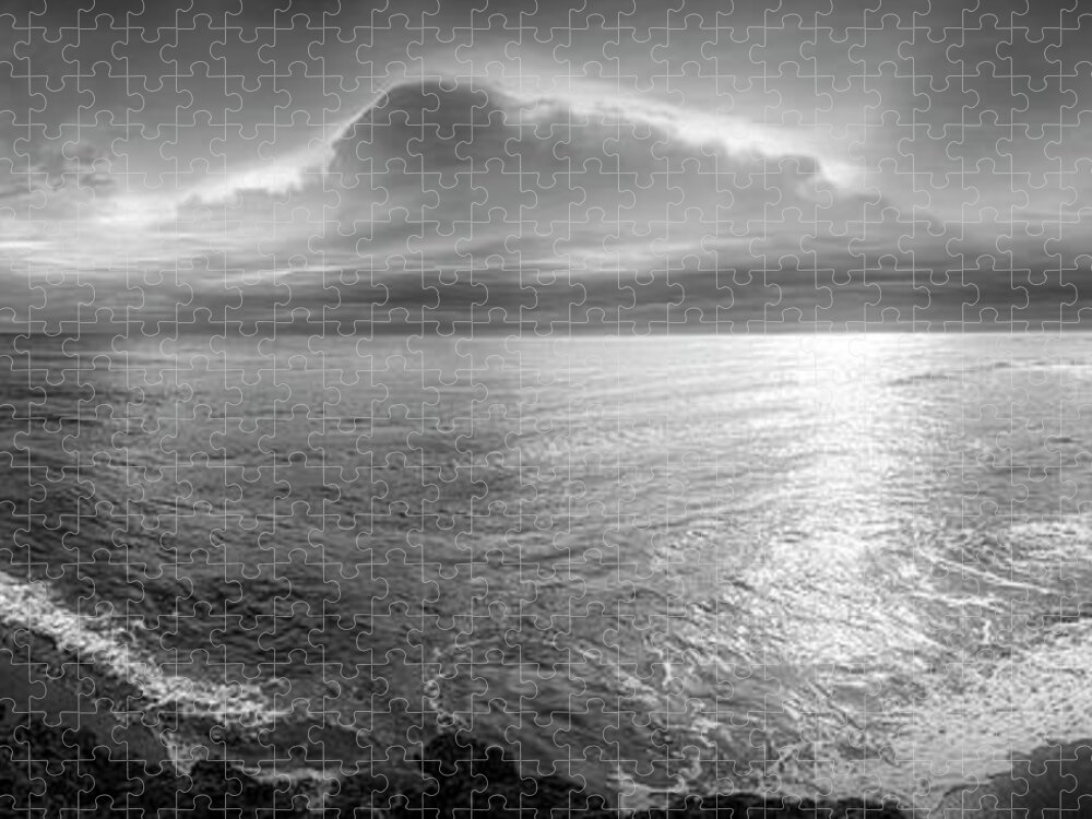 Clouds Jigsaw Puzzle featuring the photograph Sunrays over Coral Cove Beach Black and White by Debra and Dave Vanderlaan