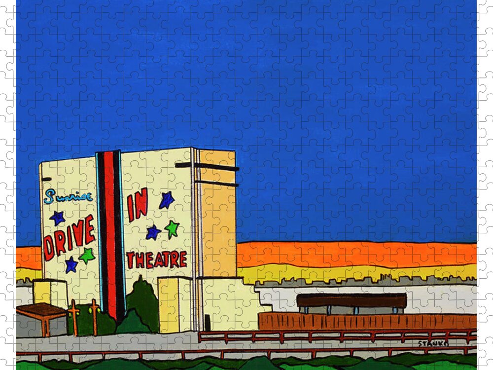Sunrise Drive-in Valley Stream Movies Jigsaw Puzzle featuring the painting Sunrise Drive In by Mike Stanko
