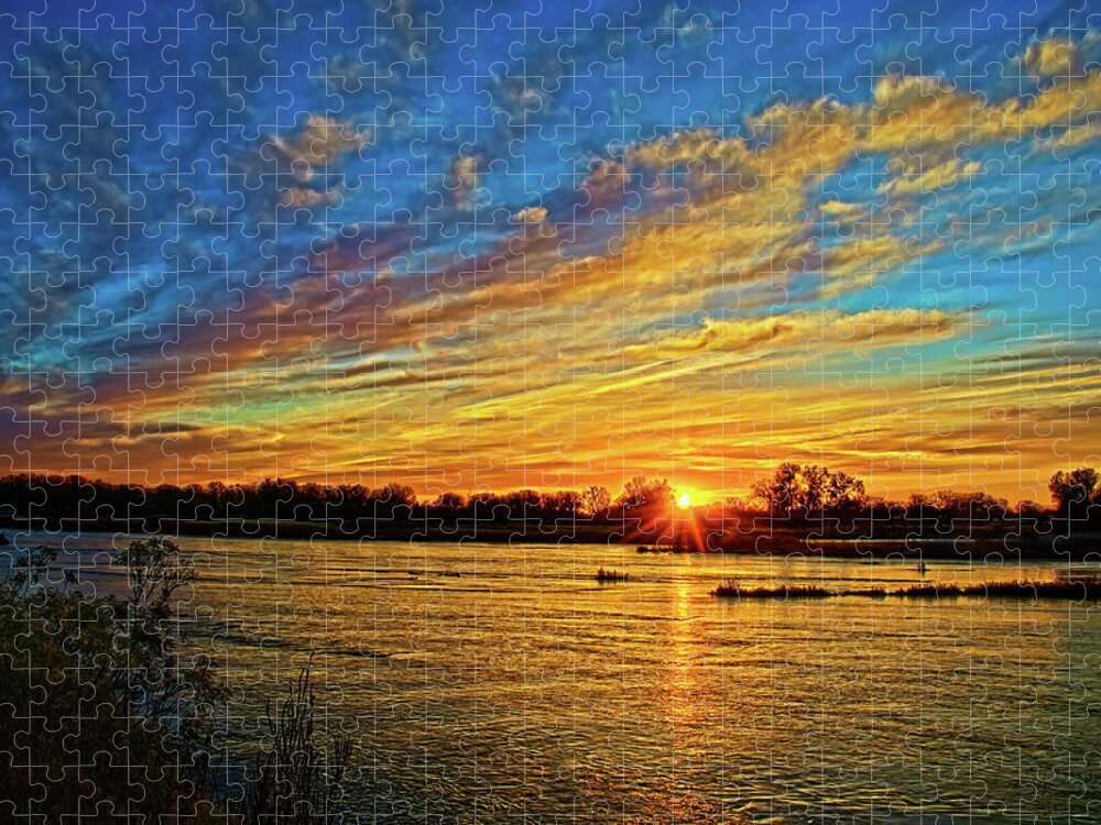 Nebraska Jigsaw Puzzle featuring the photograph Sunrise near the Hamilton County Bridge by Jeff White