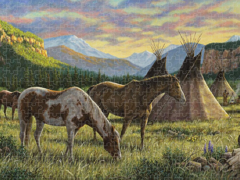 Native American Jigsaw Puzzle featuring the painting Sunrise Over the Canyon by Kim Lockman